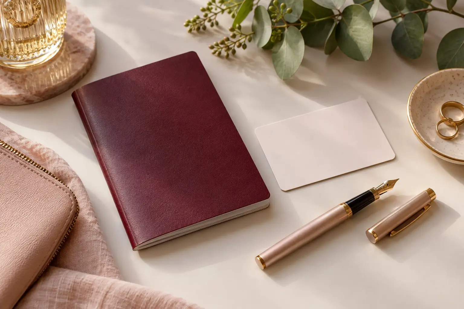 A closed passport and an identity card resting on a desk beside a pen and a sprig of greenery in soft rose and gold tones