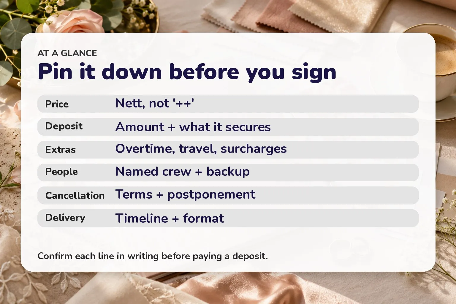 Checklist card: nett price, deposit, extras, named crew and backup, cancellation terms, delivery timeline