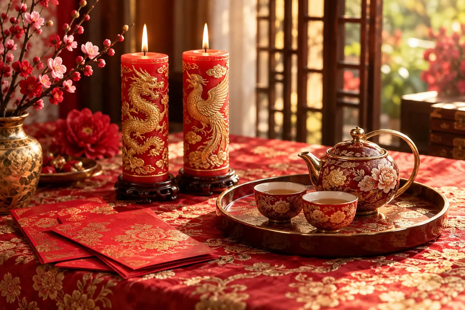A still life of a dragon-and-phoenix candle pair, a tea set on a tray and red packets on a red and gold surface