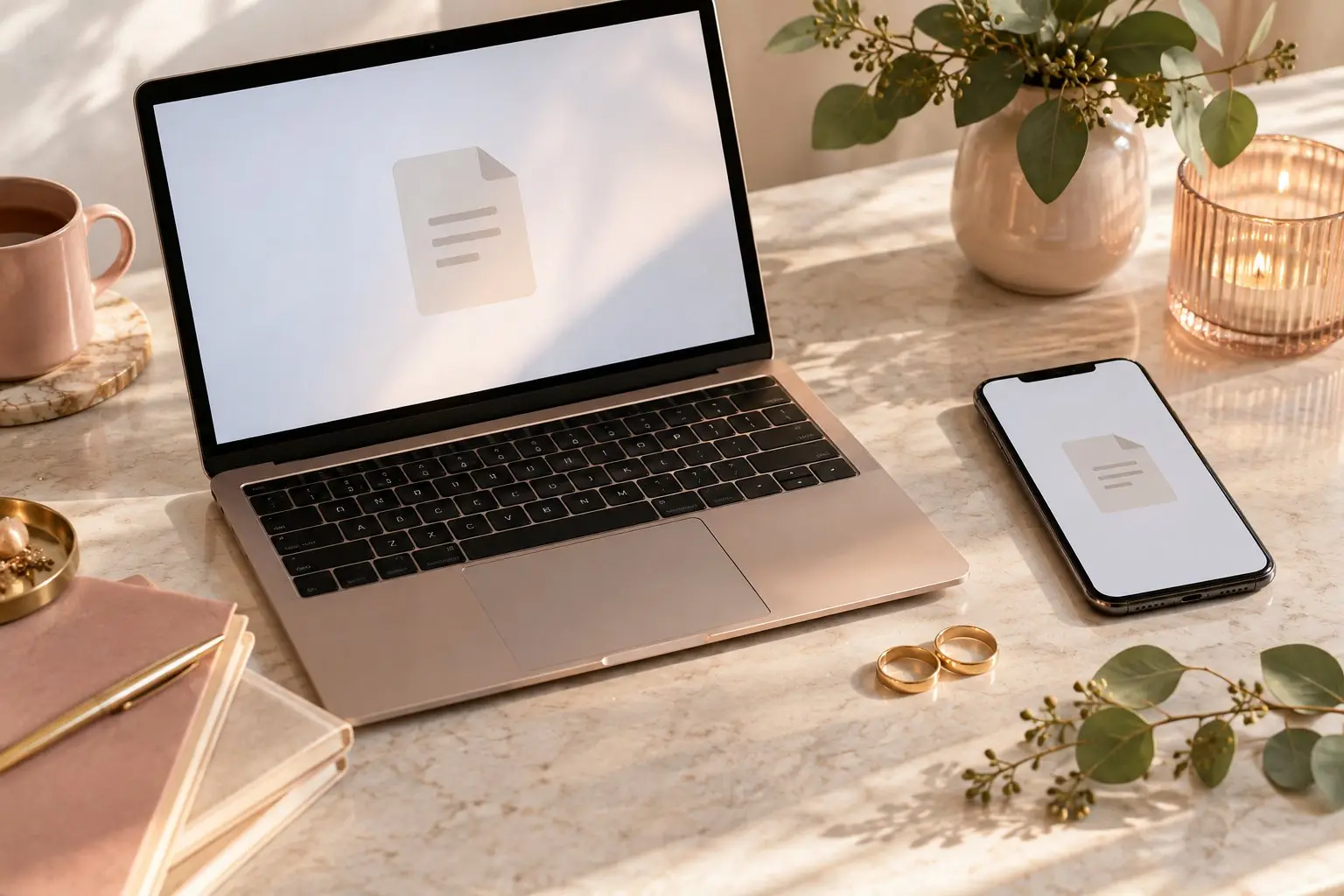 A laptop and a phone on a desk showing a document icon, beside two rings and a sprig of greenery in soft rose and gold tones