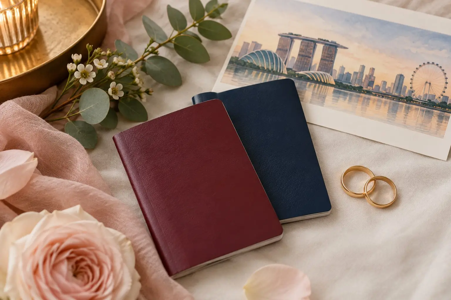 A flat-lay with two plain passports, two gold rings and a sprig of greenery in soft rose and gold tones