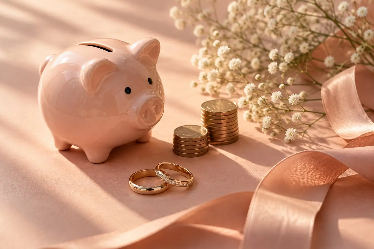 A calm flat-lay with coins, two wedding rings and a sprig of baby's breath on a pale rose surface