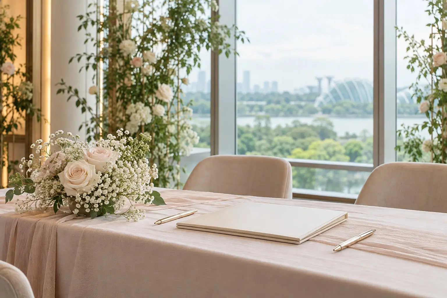 A calm registry-style ceremony table by a window with two pens, a closed certificate folder and a small posy of white flowers