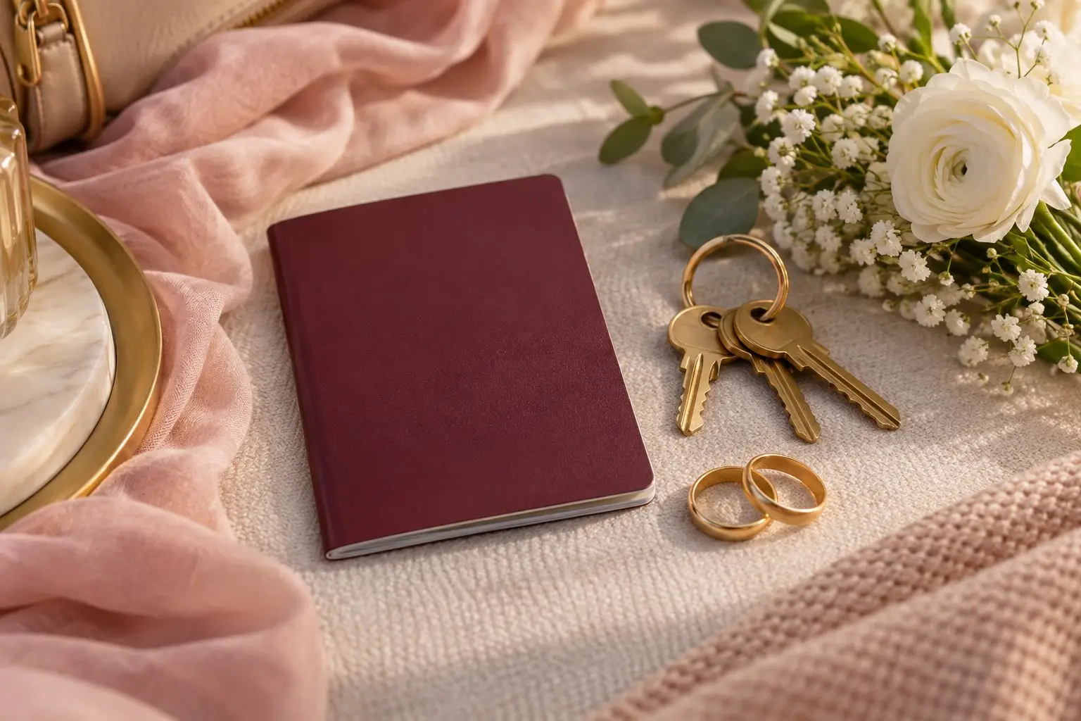 A plain passport, a set of house keys and a small posy of white flowers on a light table in soft rose and gold tones