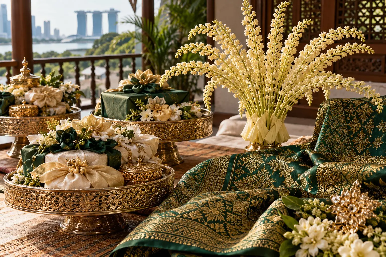 A still life of decorated Malay wedding gift trays with folded fabric flowers and a palm-blossom spray on songket fabric