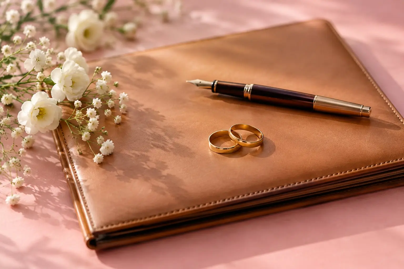 A closed leather document folder, a fountain pen, two gold rings and a few white blooms on a soft rose-toned surface