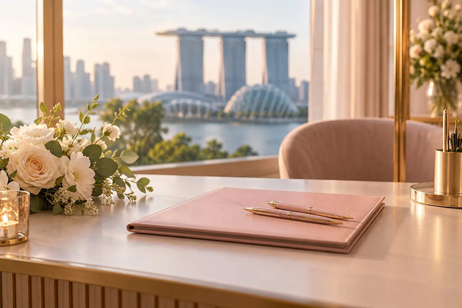 A warm registry-style desk with a closed workbook, two pens and a small posy of white flowers in soft rose and champagne tones