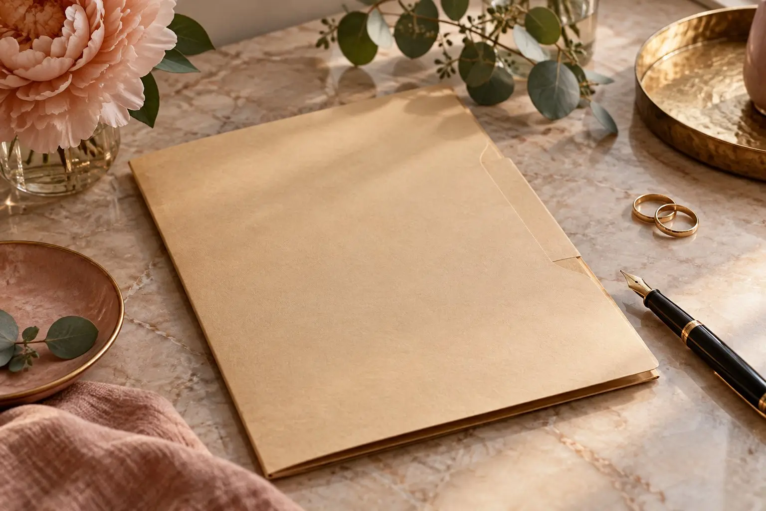 A desk with a document folder, a pen, two plain rings and a sprig of greenery in soft rose and gold tones