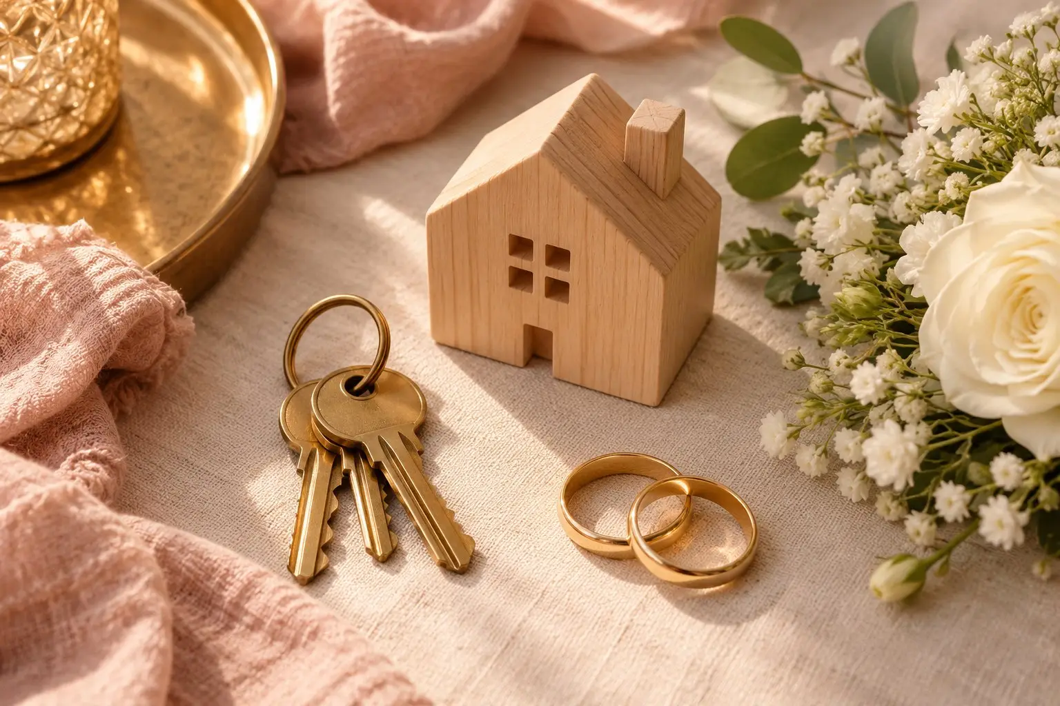 A set of brass house keys, a small wooden model house, two gold rings and a posy of white flowers on a light table in soft rose and gold tones