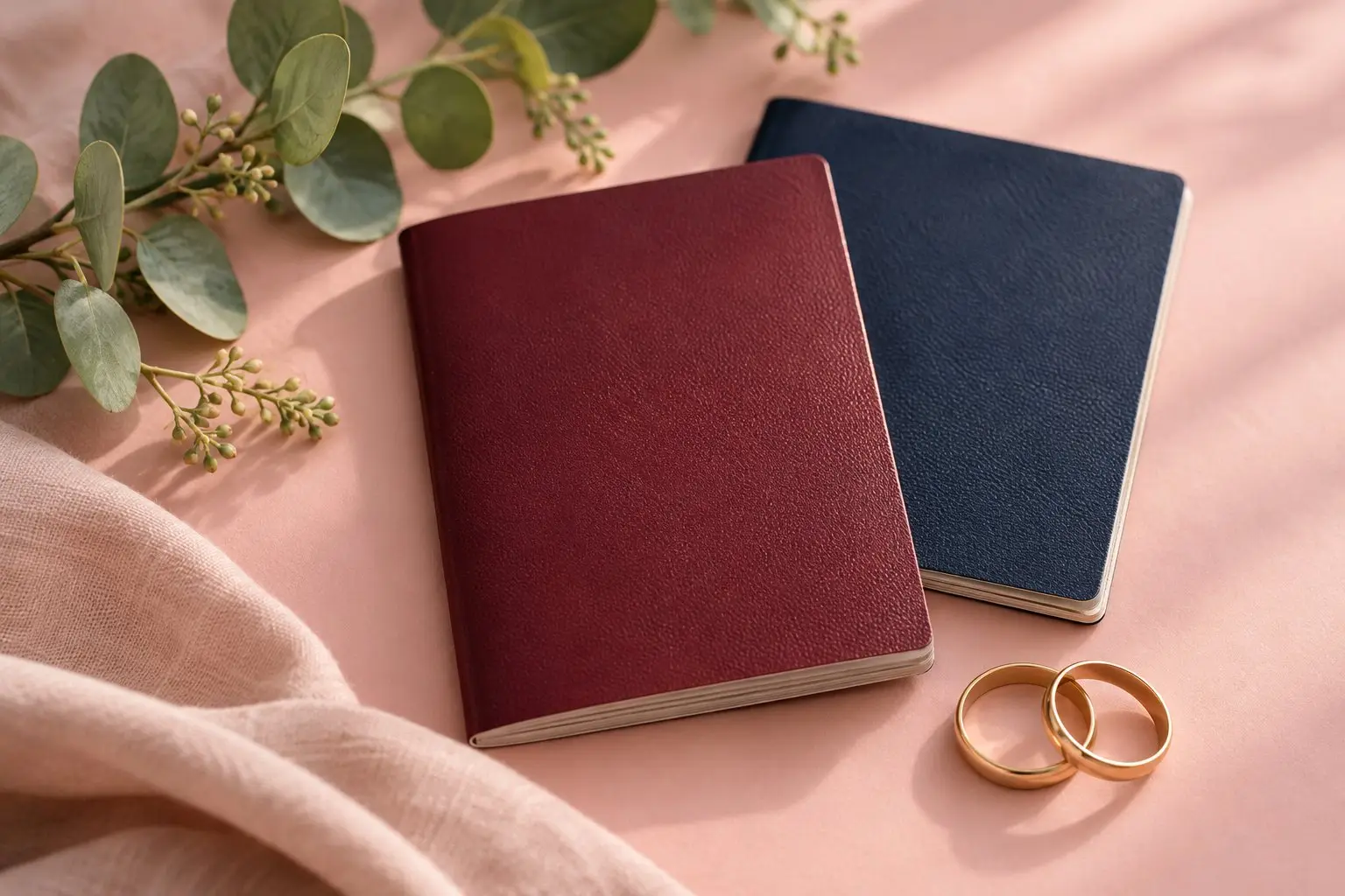 Two passports in different cover colours, two gold rings and a sprig of eucalyptus on a soft rose-toned surface