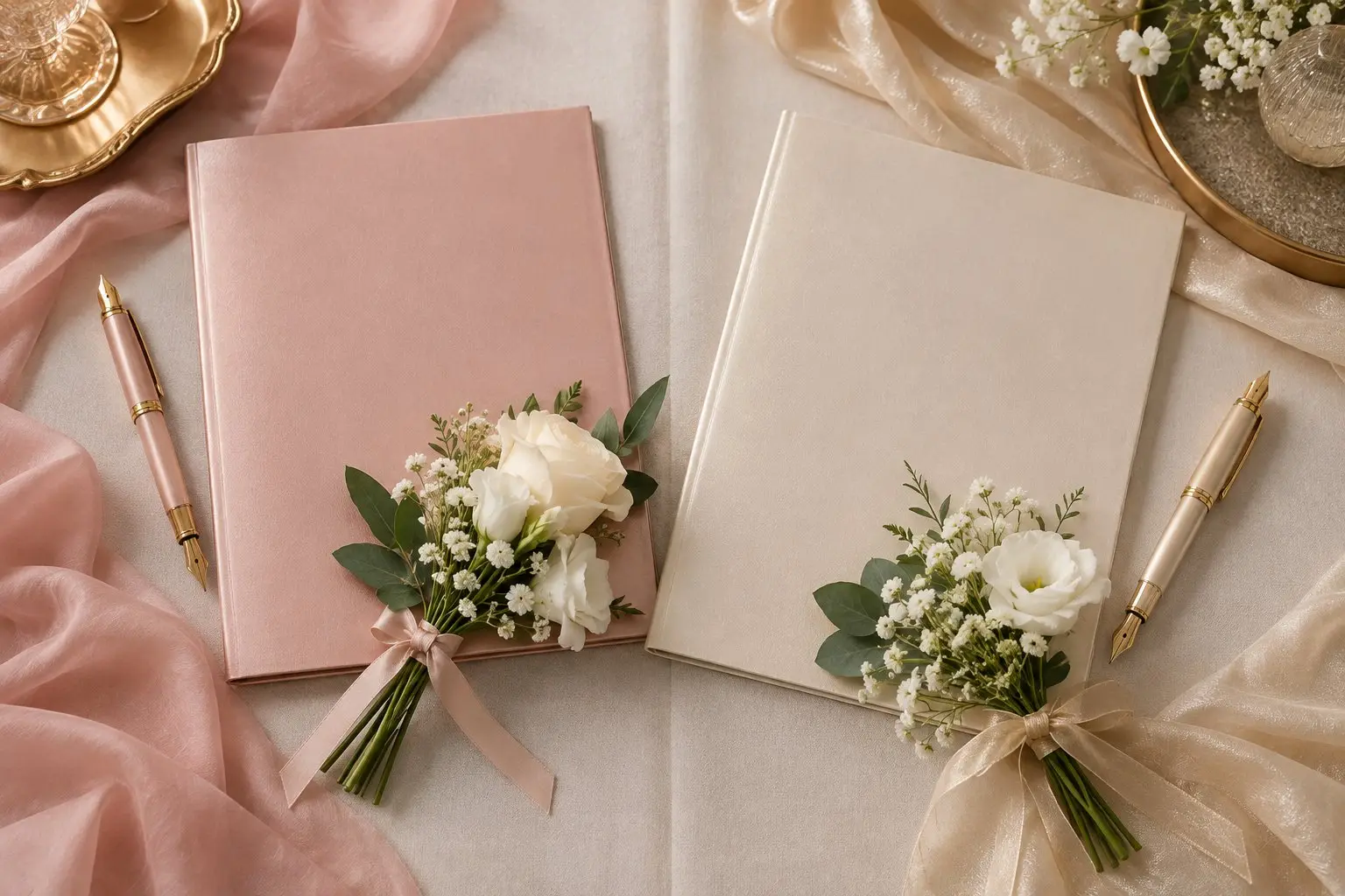 Two plain registry tables side by side by a window, each with a closed folder, a pen and a small posy of white flowers