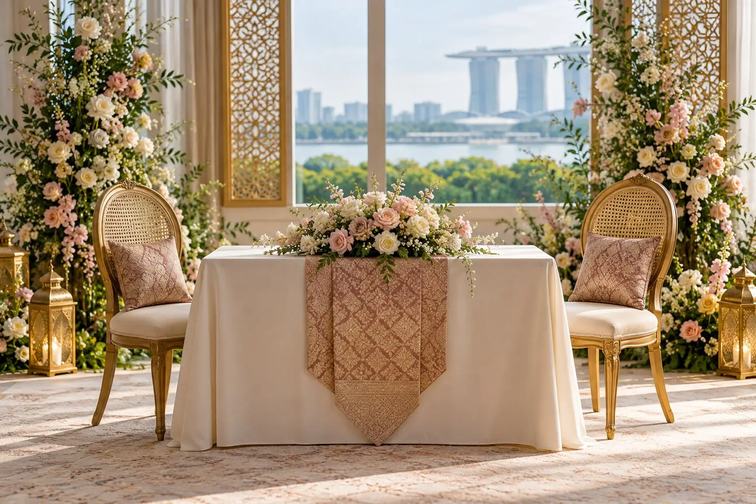 An elegant empty solemnisation table with fresh flowers and two ornate chairs in soft rose and gold tones