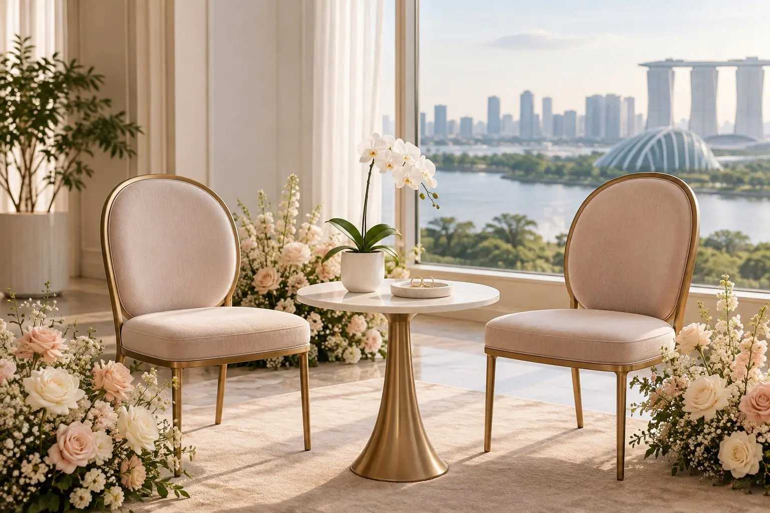 A simple, intimate solemnisation setup in a bright room: two chairs, a small table with a white orchid and two rings on a tray