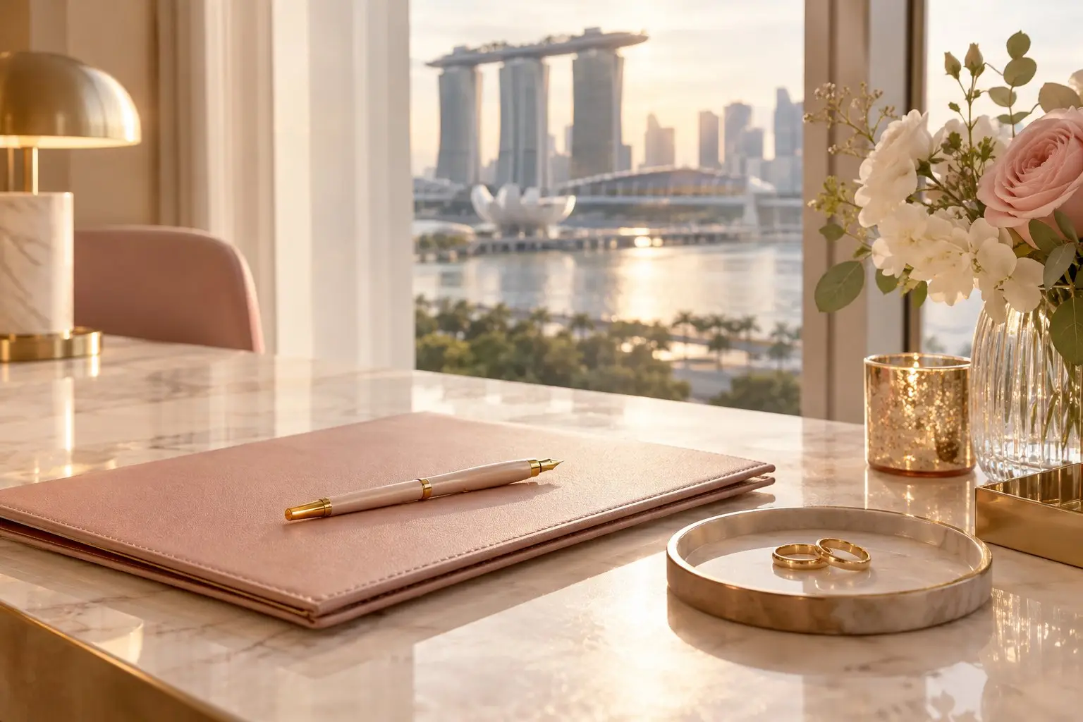 A registry desk by a window with a closed document folder, a fountain pen and two wedding rings on a small tray in rose and gold tones