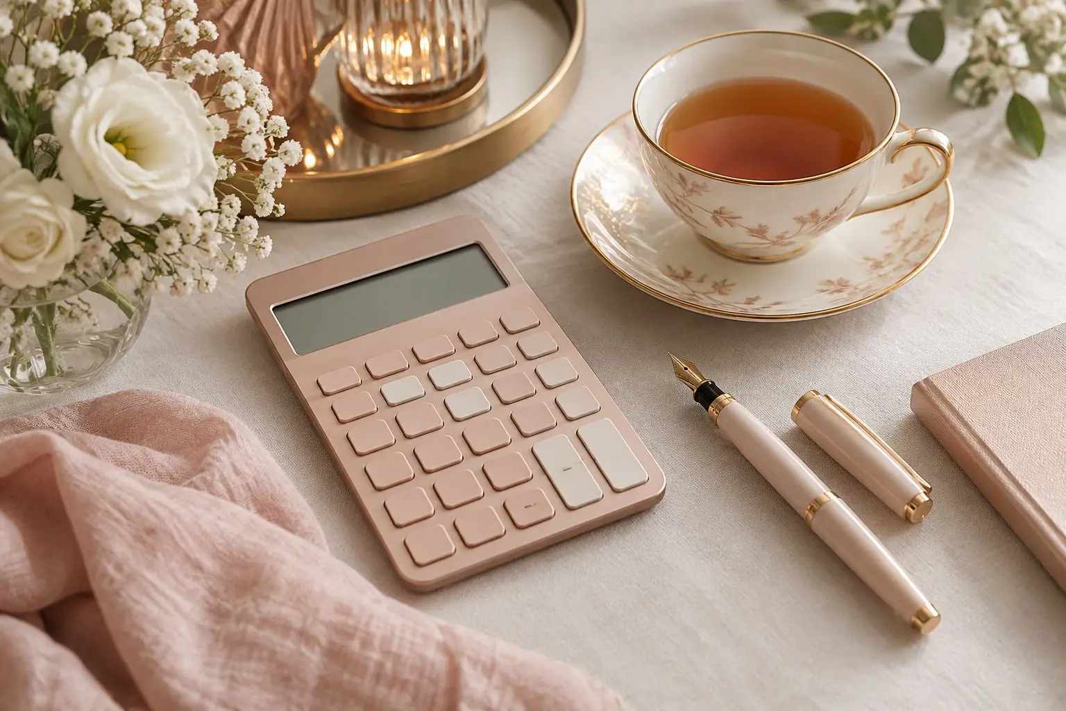 A calculator, a pen and a cup of tea beside a small posy of white flowers on a light desk in soft rose and gold tones