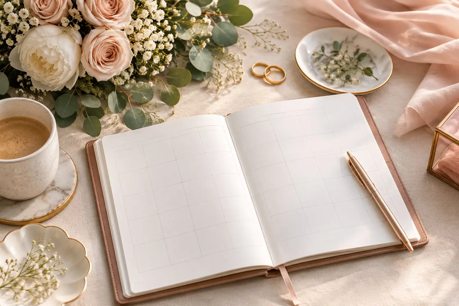 A wedding planning desk flat-lay with an open blank planner, a pen, greenery and two gold rings