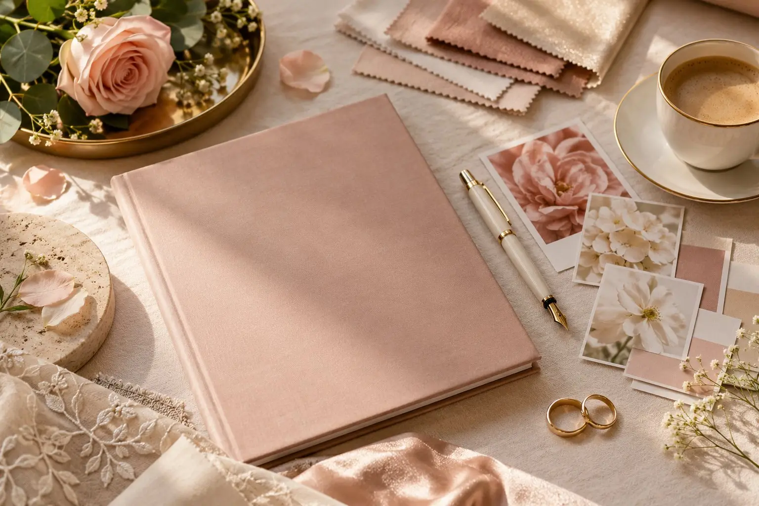 A vendor-meeting flat-lay with a closed folder, a pen, coffee, swatches and two gold rings