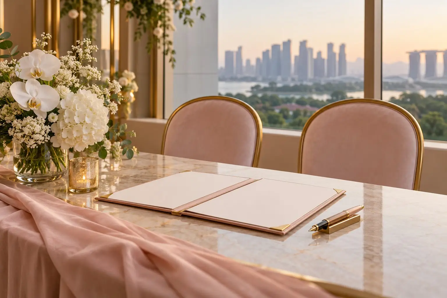 An open marriage certificate folder with a pen on a signing table beside two chairs, in soft rose and champagne tones, no readable text